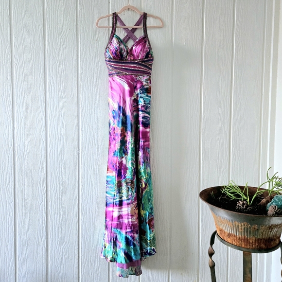 Davids Bridal Mermaid Prom Dress Beaded Sequin Criss Cross Straps Watercolor 1/2 - Picture 2 of 9